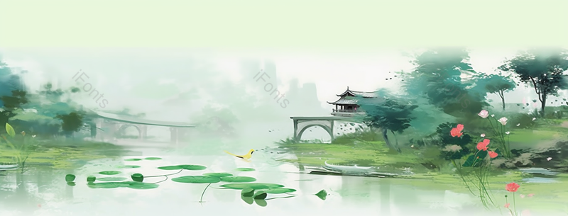 绿色中国风游玩夏至荷花水彩插画背景,插画/手绘图,插画/手绘图库,插画/手绘图下载,插画/手绘